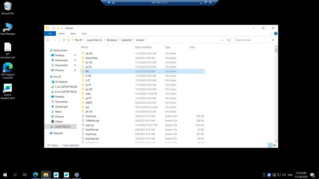 Drivers folder with etc folder highlighted