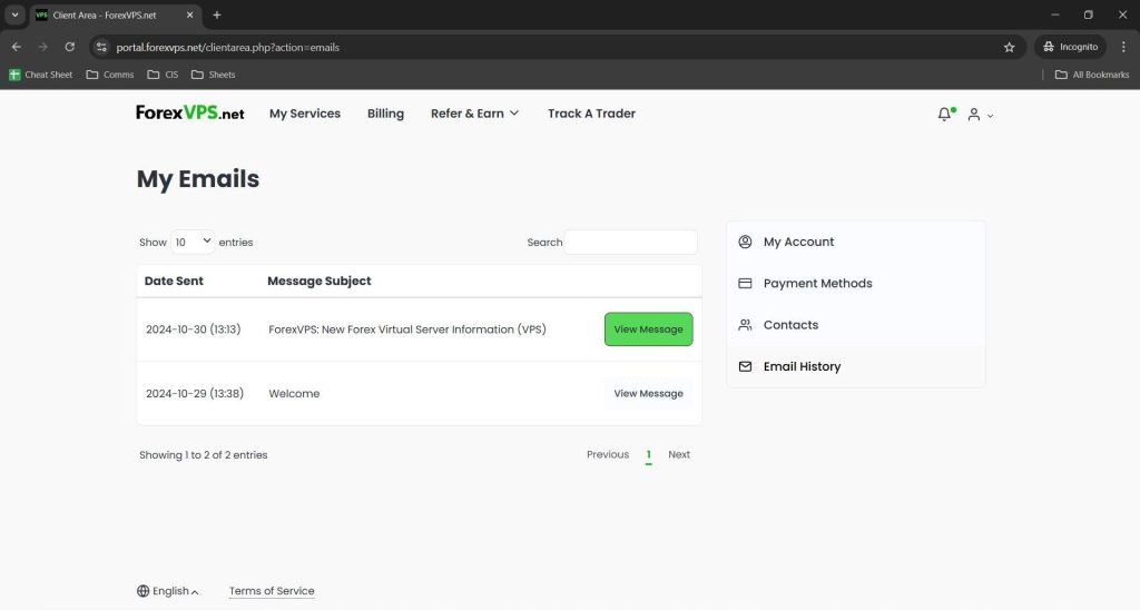 ForexVPS Email History list with View Message buttons