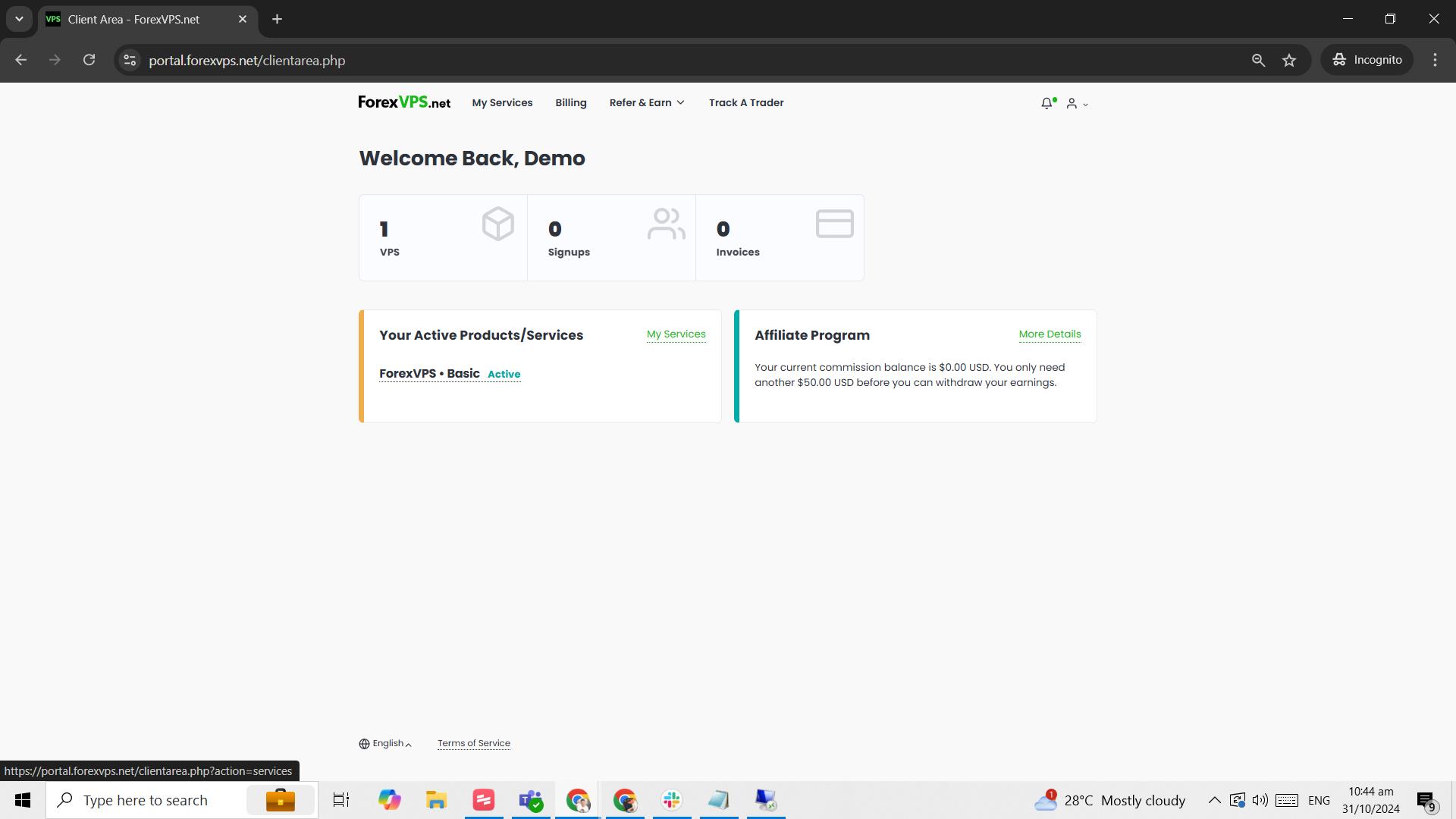 ForexVPS client area dashboard after login