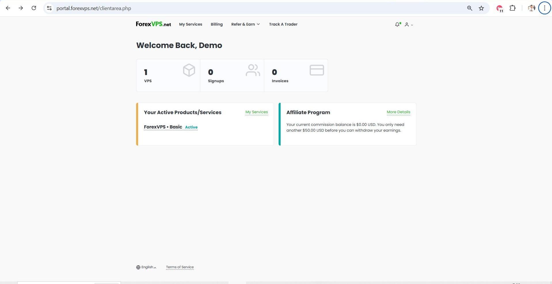 ForexVPS client area dashboard welcome screen