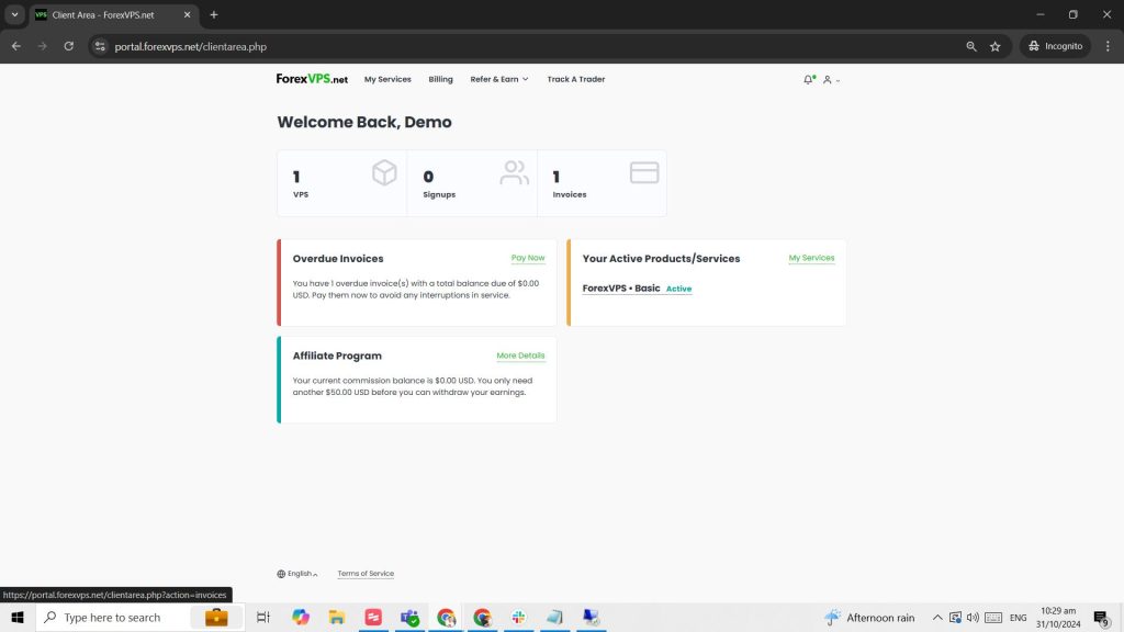 ForexVPS client area dashboard with Billing menu