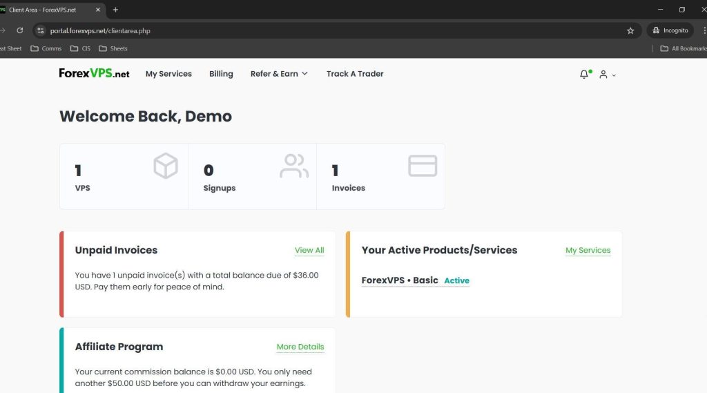 ForexVPS client area dashboard with profile icon in navigation