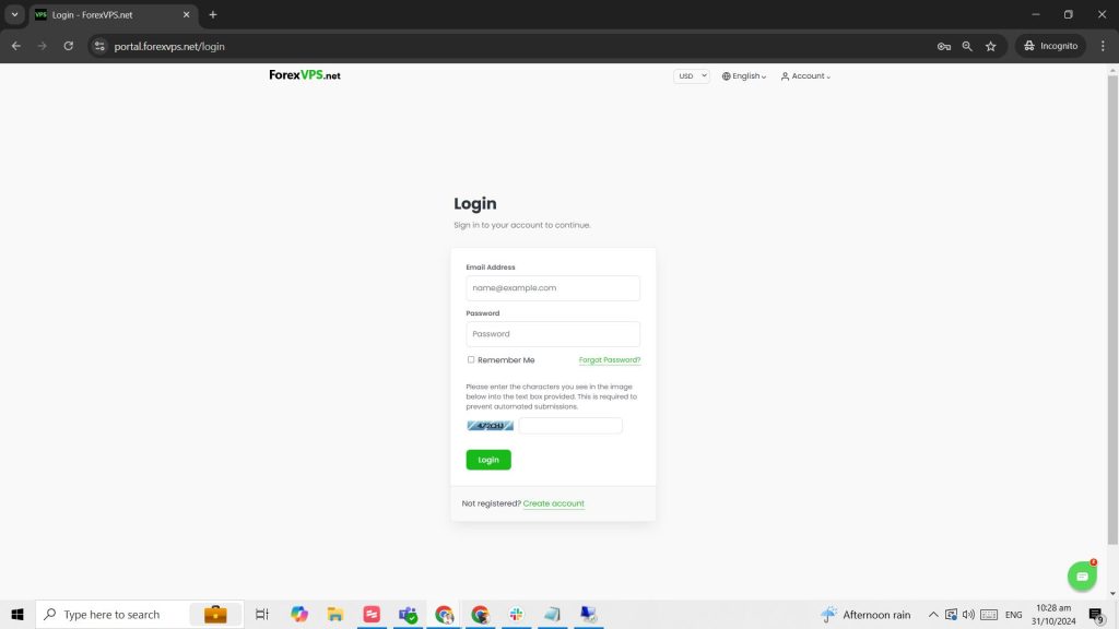 ForexVPS client area login page