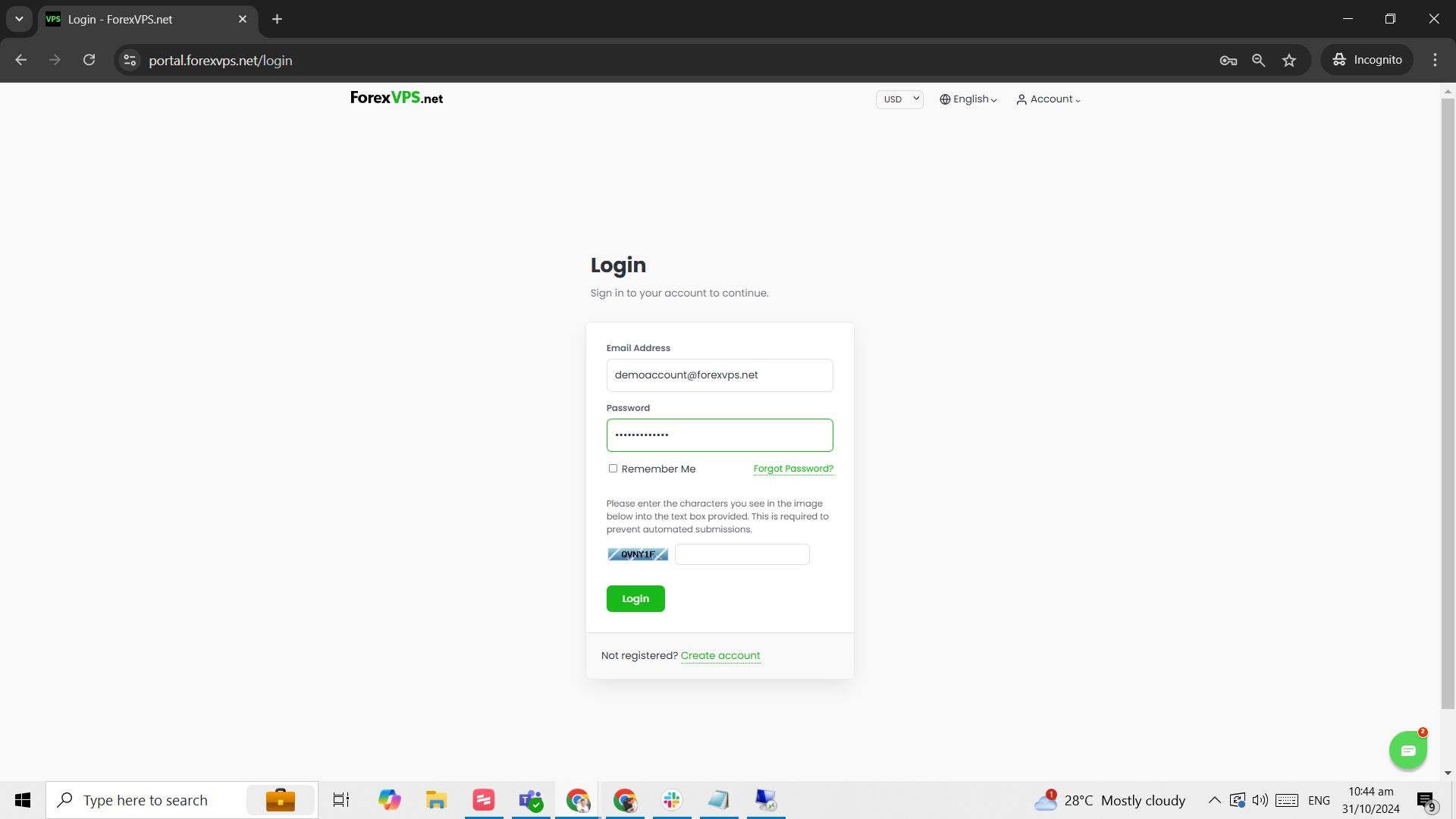 ForexVPS client area login page with credentials entered