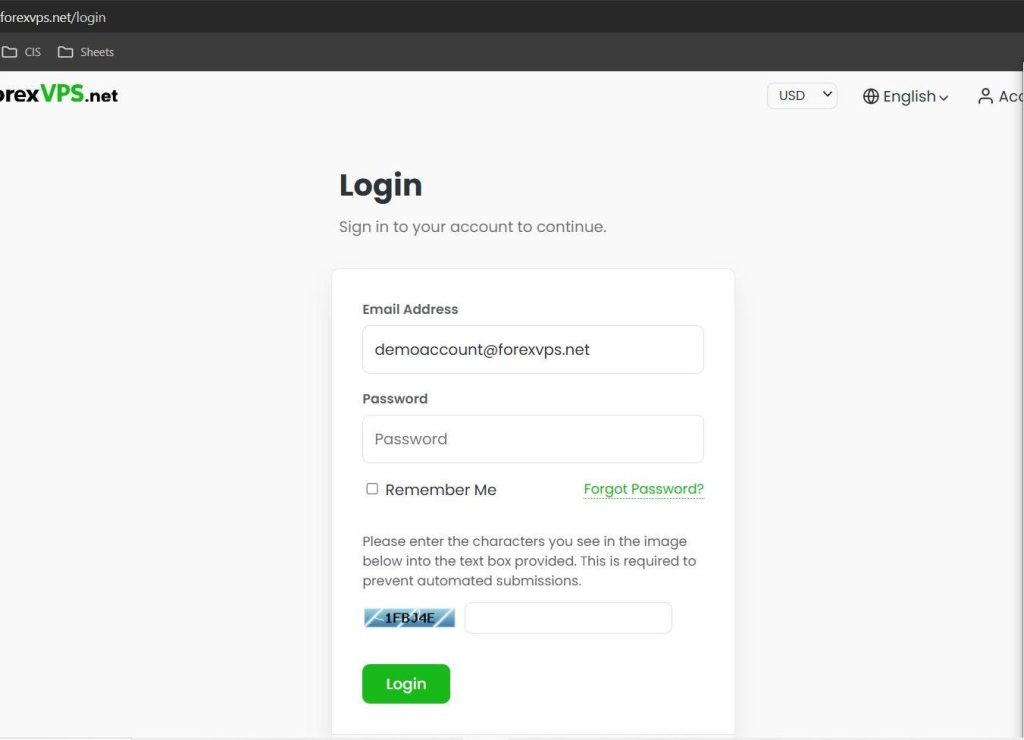 ForexVPS client area login page with email password and captcha