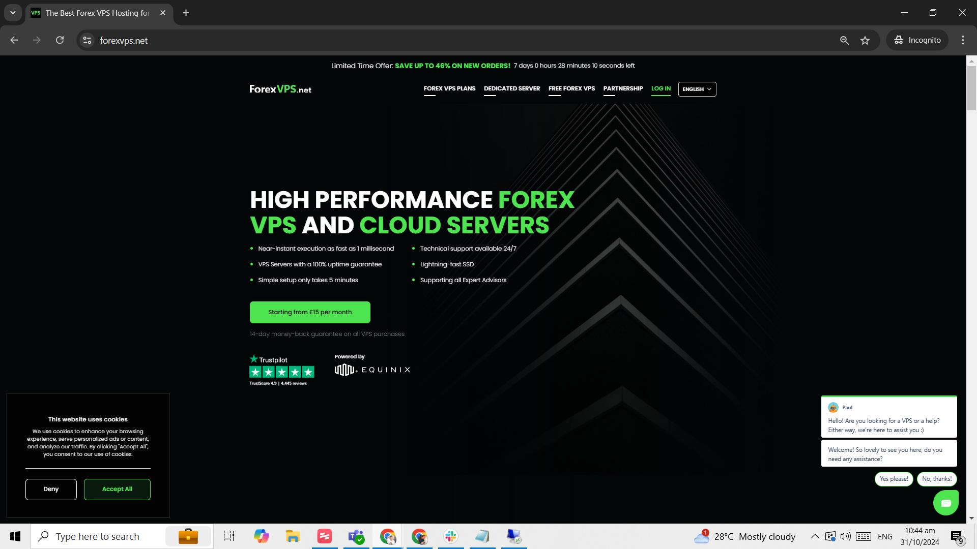 ForexVPS homepage in Chrome browser