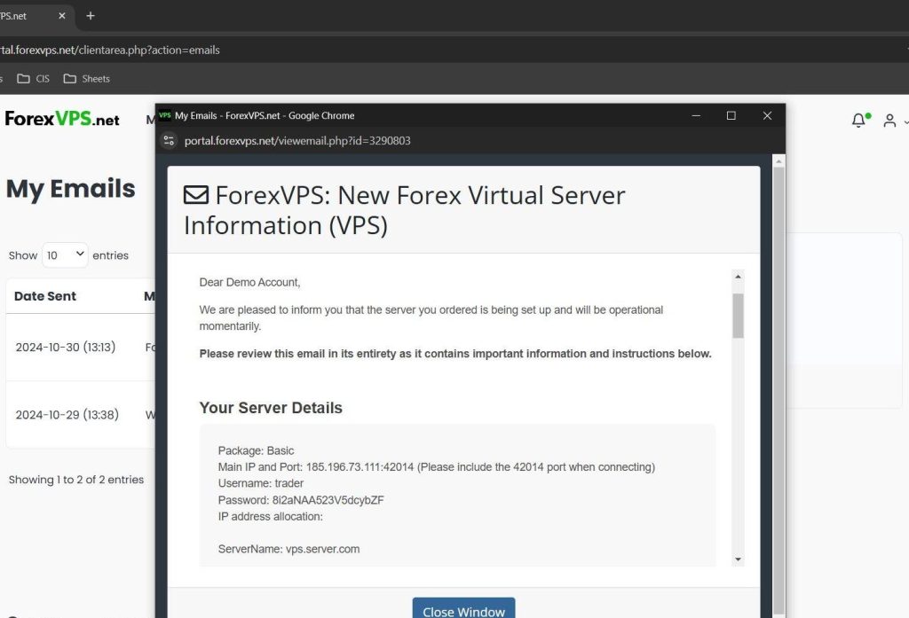 ForexVPS welcome email with server IP username and password details