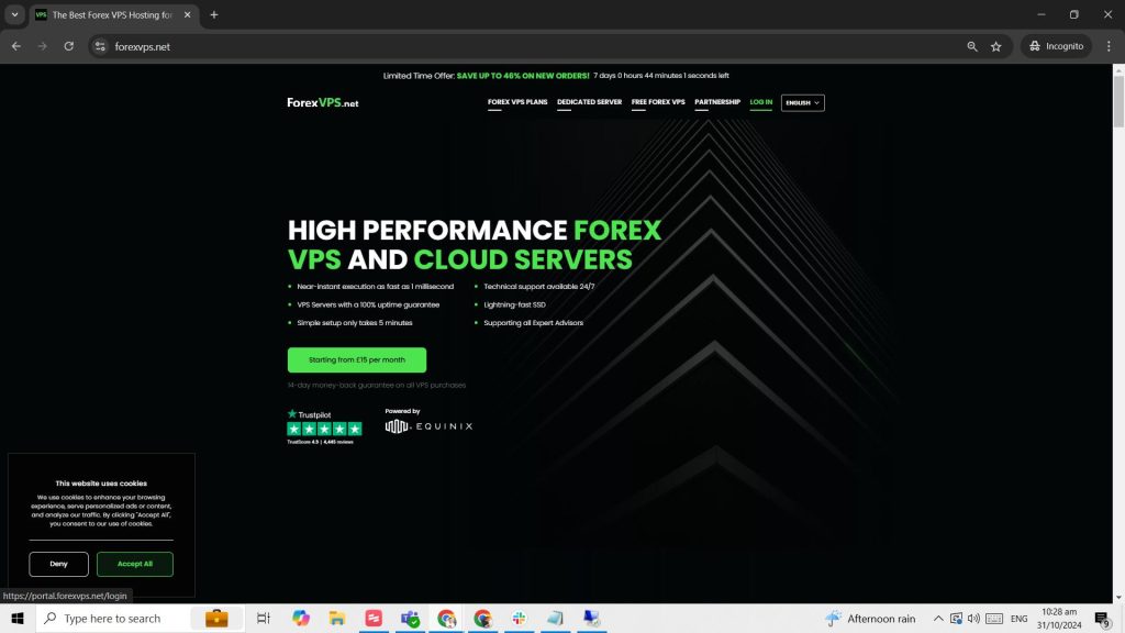 ForexVPS.net homepage in Chrome browser
