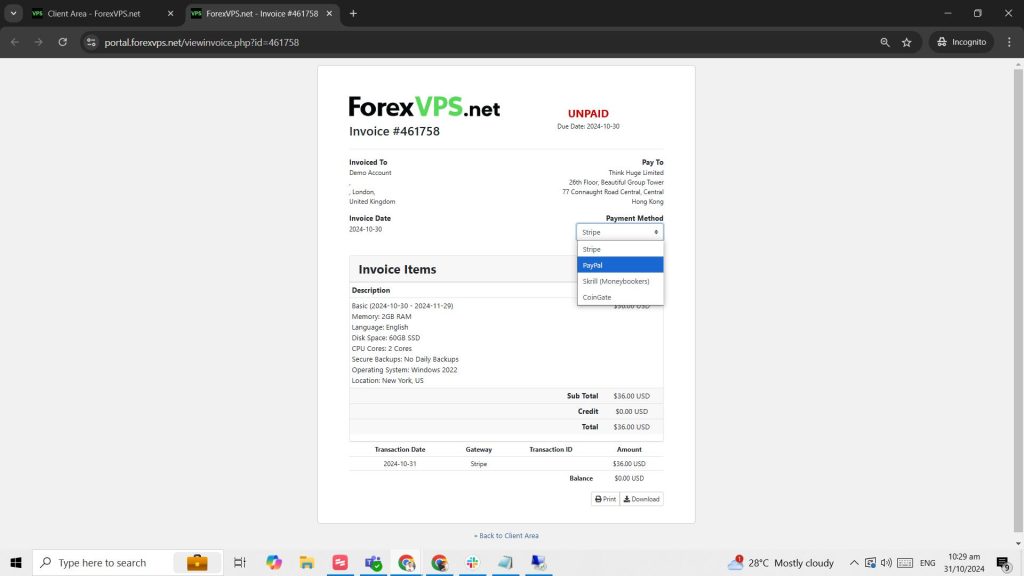 Invoice detail page with payment method dropdown open