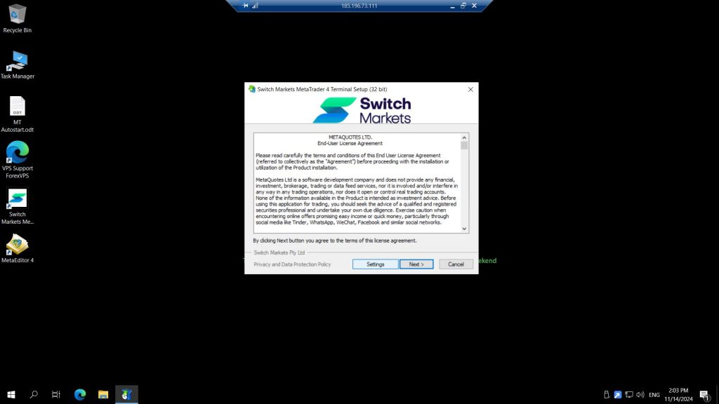 MetaTrader 4 Terminal Setup license agreement with Settings button