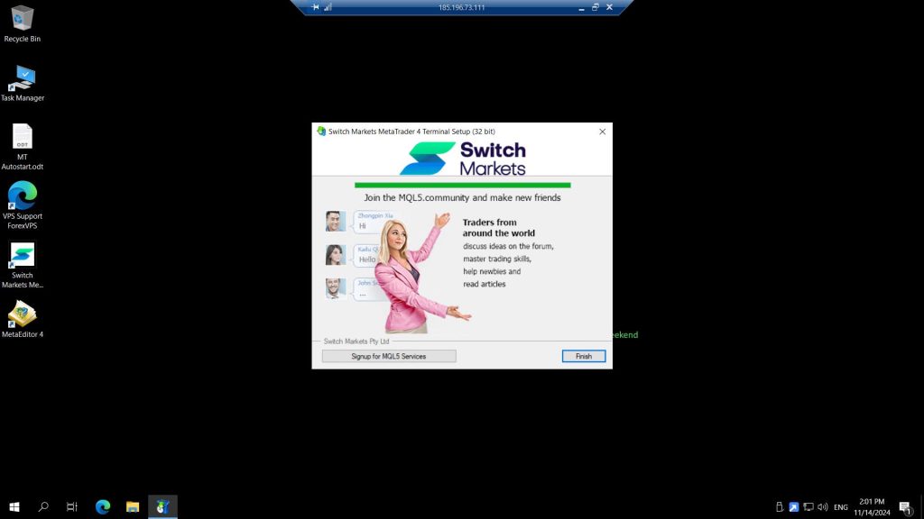 MetaTrader 4 installer MQL5 community screen with Finish button