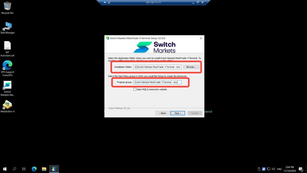 MetaTrader 4 installer with Installation folder and Program group fields highlighted