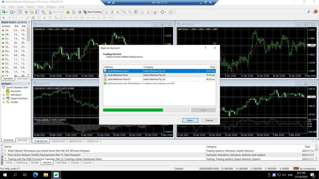 MetaTrader 4 platform open with Open an Account Trading Servers dialog