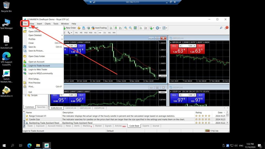 MetaTrader File menu with Login to Trade Account highlighted