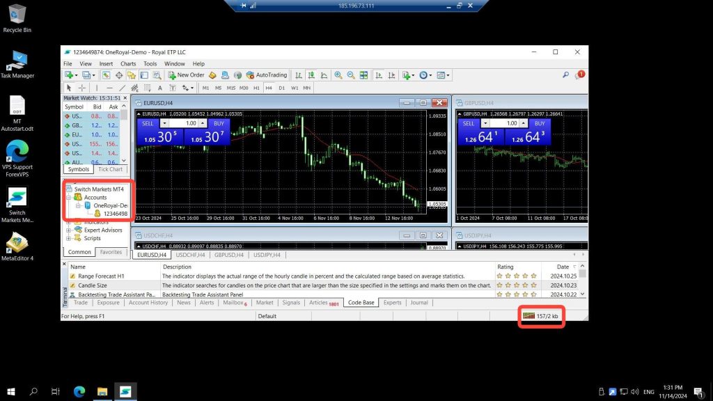 MetaTrader Navigator panel showing connected broker account and latency
