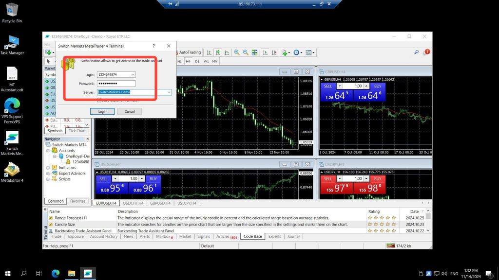 MetaTrader login dialog with account credentials