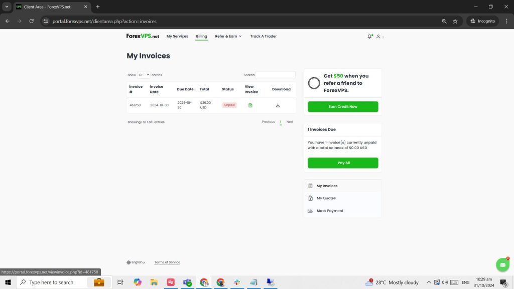 My Invoices page listing invoice history
