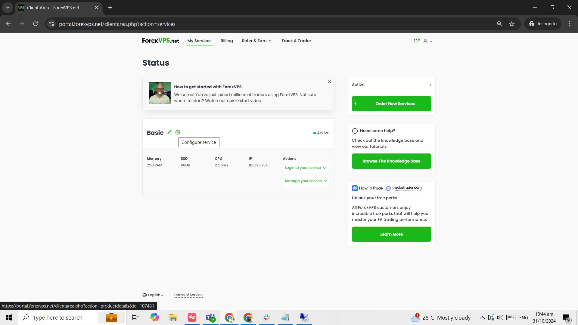 My Services page with gear icon for VPS settings