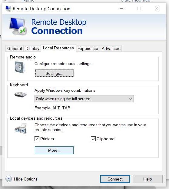 Remote Desktop Connection Local Resources tab with the More button