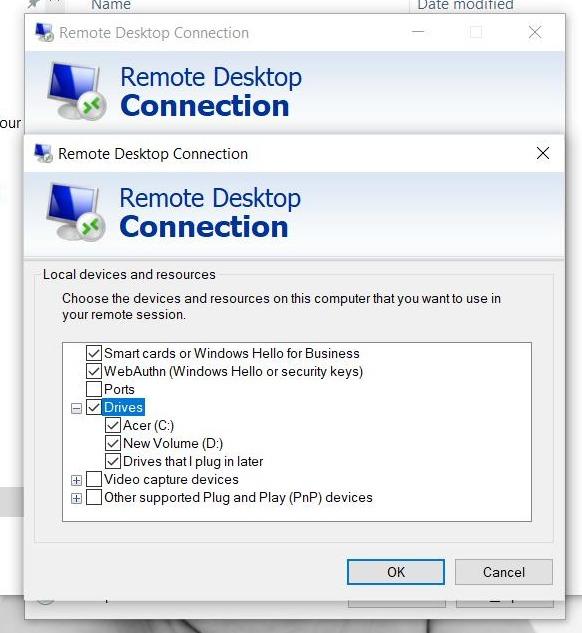 Remote Desktop Connection Local Resources with Drives expanded showing Acer C and New Volume D
