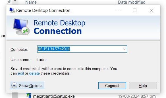 Remote Desktop Connection dialog before clicking Show Options