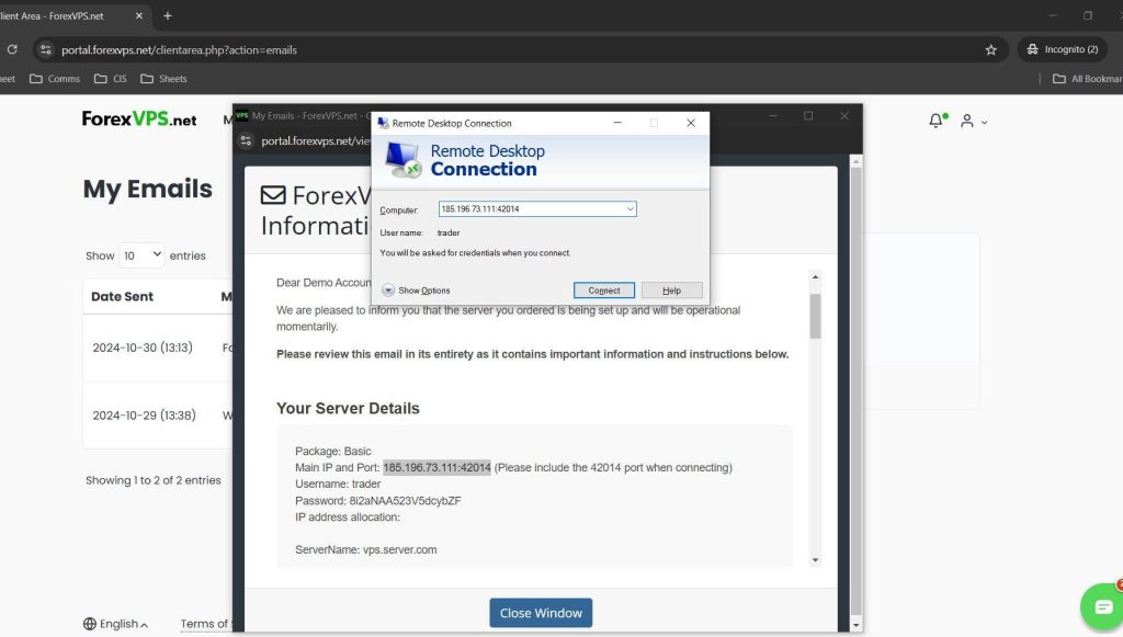 Remote Desktop Connection dialog with server IP and port entered
