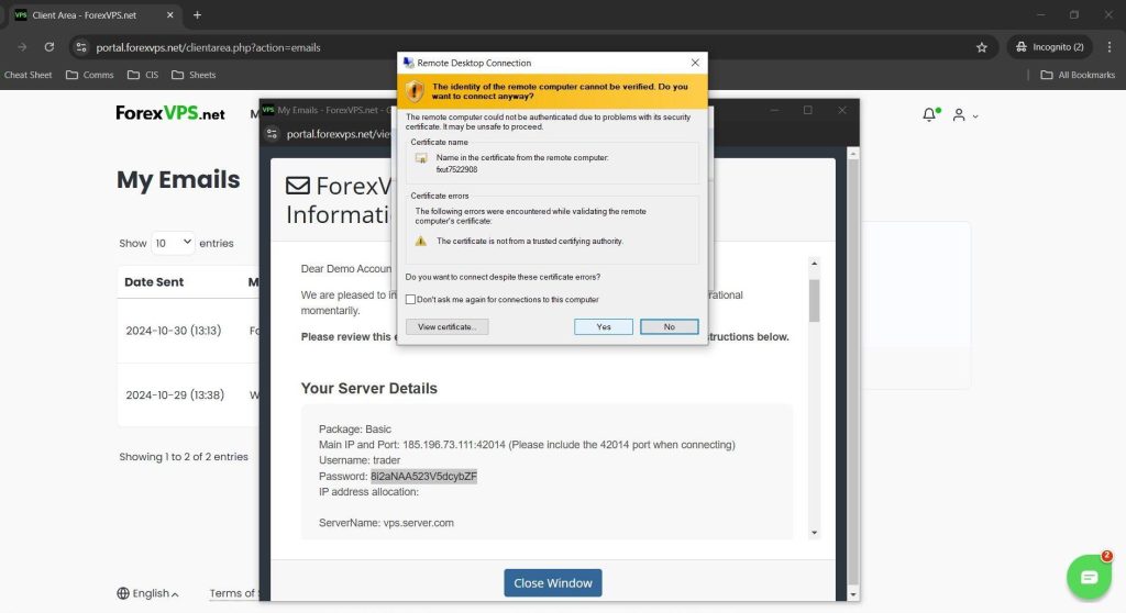 Remote Desktop certificate warning dialog with Yes button