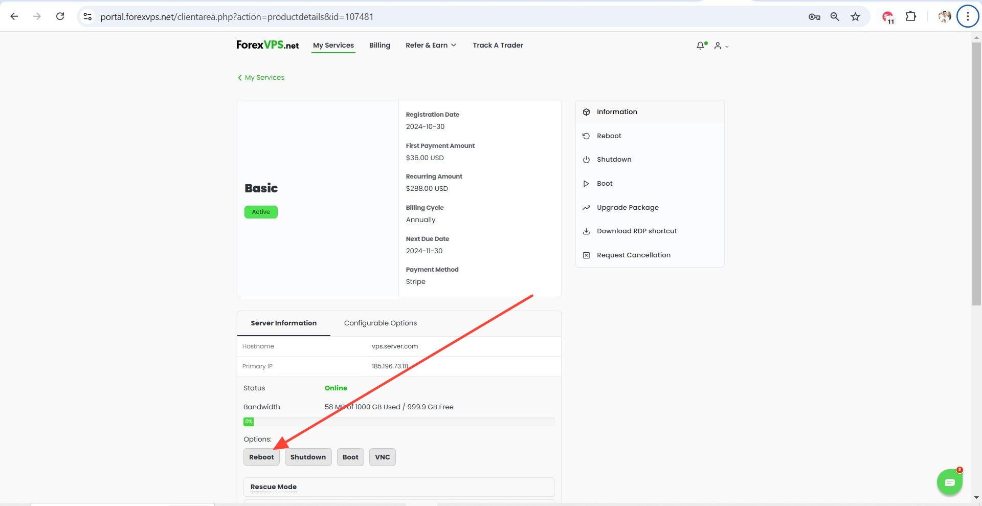 Service management page with Reboot button highlighted
