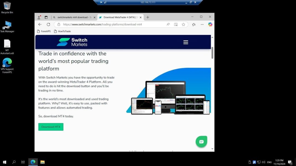 Switch Markets MT4 download page in Microsoft Edge