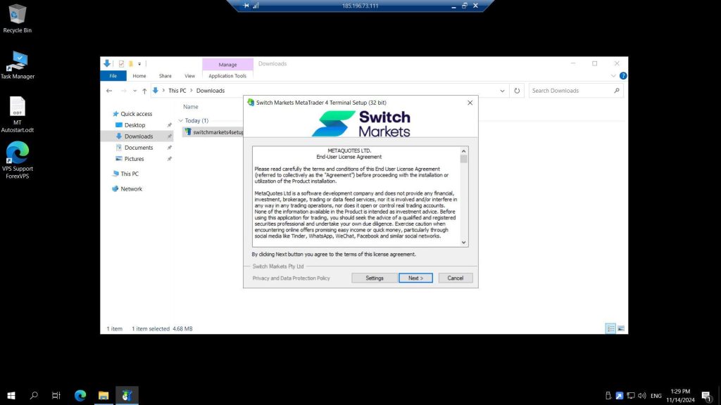 Switch Markets MetaTrader 4 installation complete screen