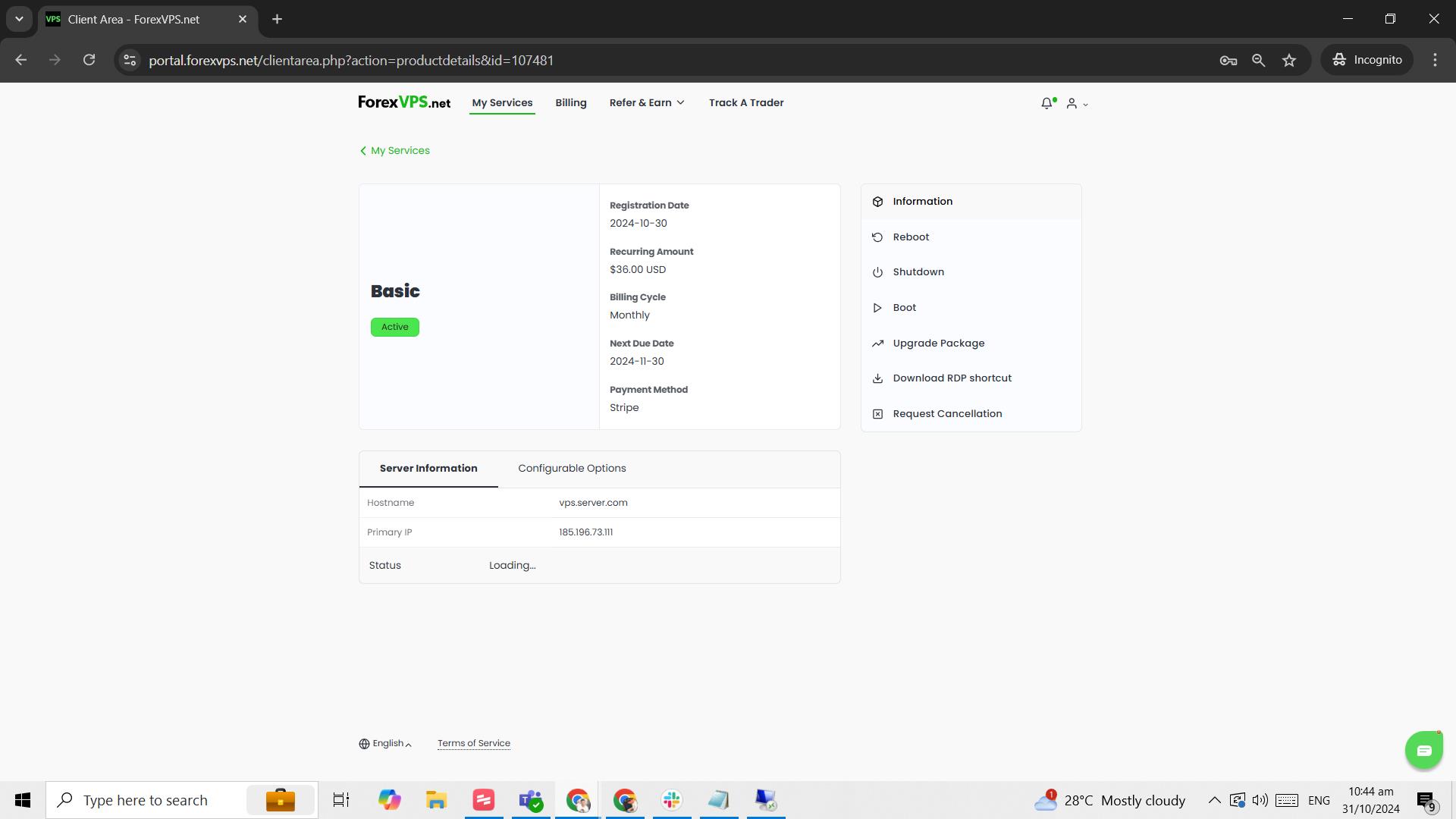 VPS billing details page showing recurring amount and due date