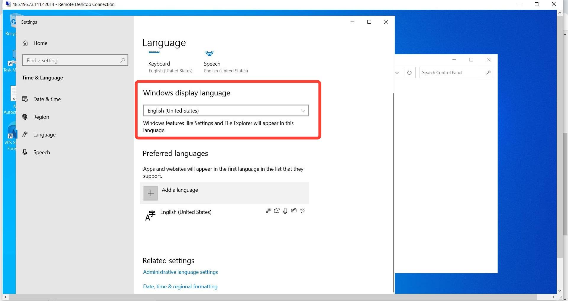 Windows Settings Language page with Windows display language highlighted