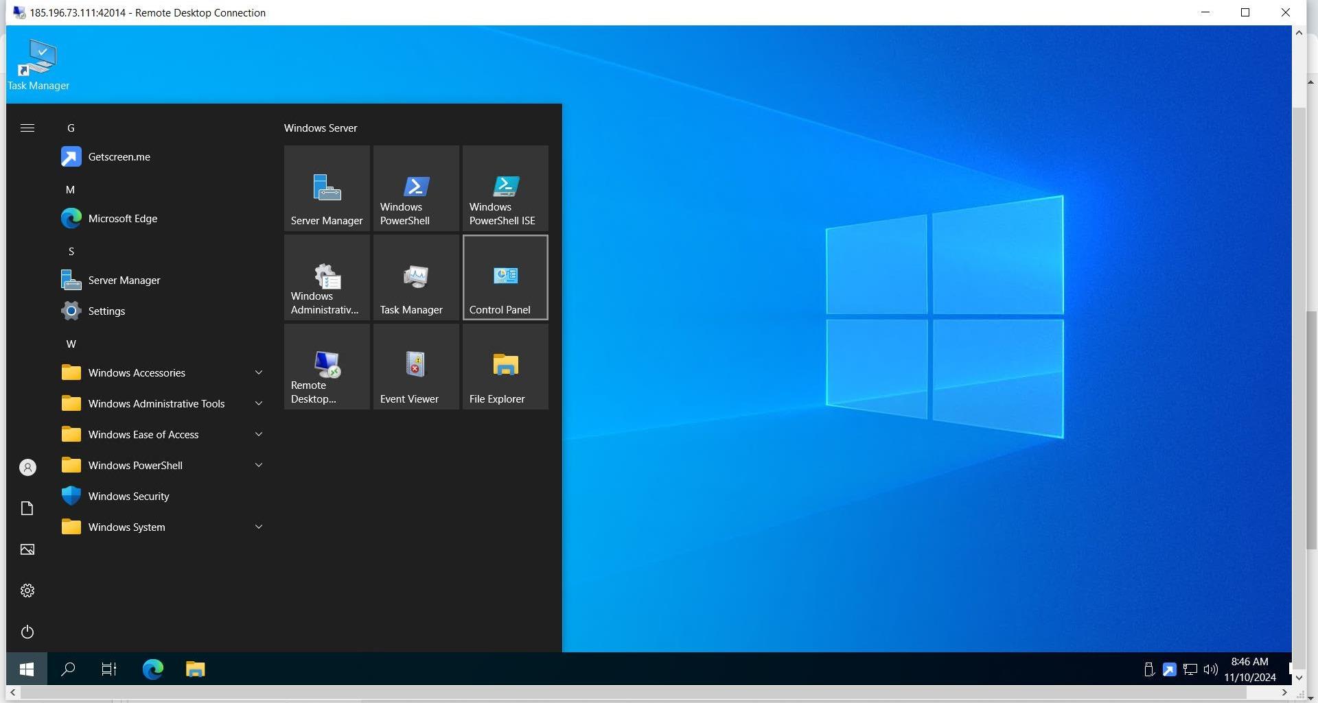 Windows Start menu with Control Panel highlighted