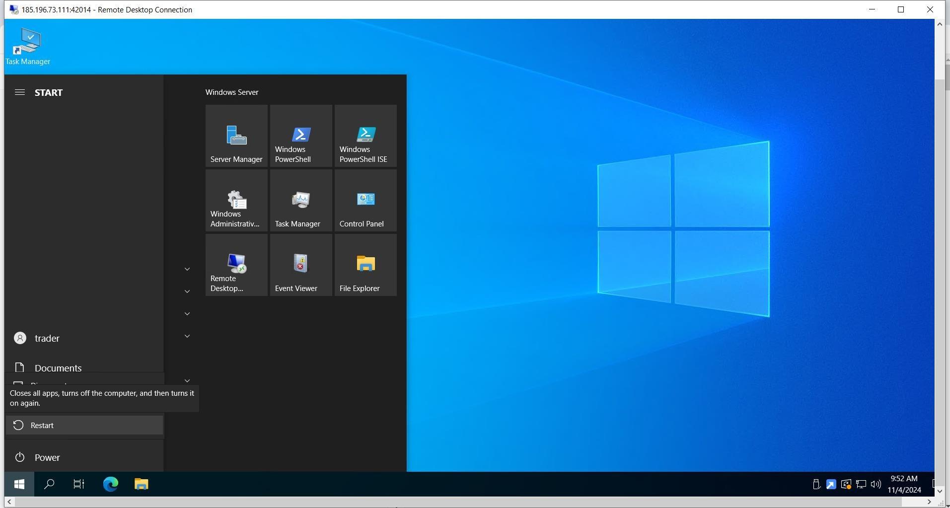 Windows Start menu with Restart option highlighted