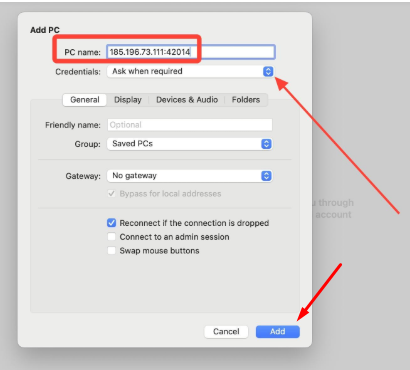 Add PC dialog on Mac with the VPS IP address entered in the PC name field