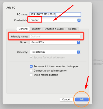 Add PC dialog on Mac with the VPS username entered under credentials and the Friendly name field highlighted