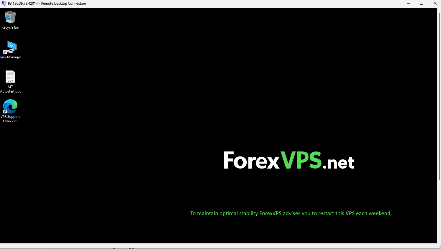 Connected ForexVPS Windows desktop shown after a successful Remote Desktop login