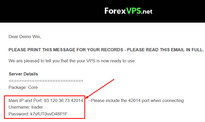 ForexVPS welcome email highlighting the VPS IP address, username, and password