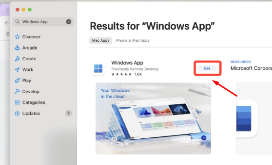 Mac App Store search results for Windows App with the Get button highlighted