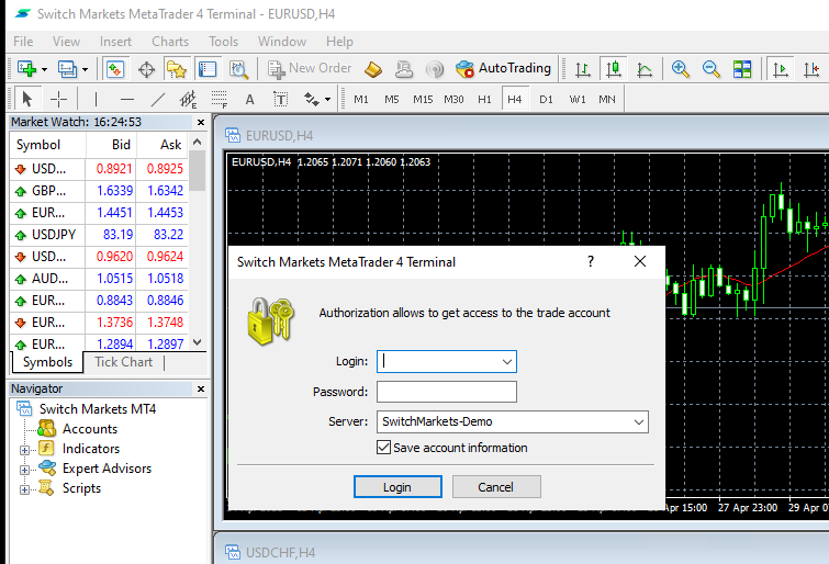 MetaTrader 4 terminal login dialog with the account number, password, and server fields
