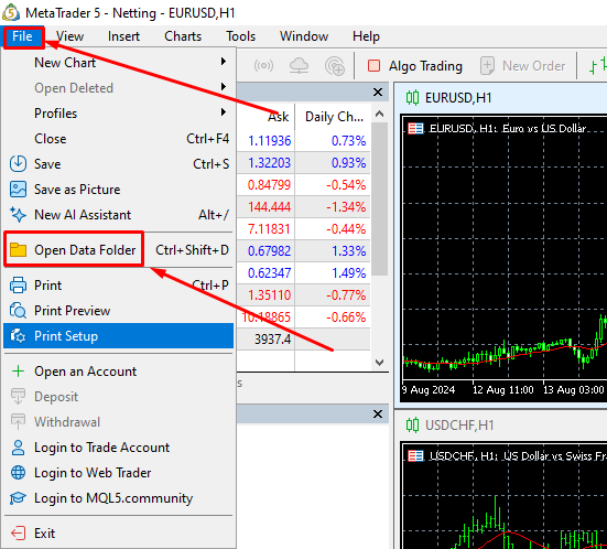 MetaTrader 5 File menu with the Open Data Folder option highlighted