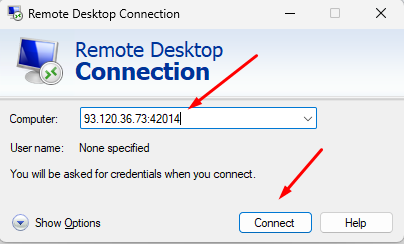 Remote Desktop Connection window with the VPS IP address entered and the Connect button highlighted