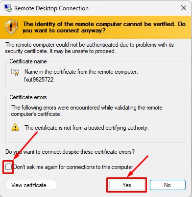 Remote Desktop certificate warning dialog with the Yes button highlighted to continue connecting