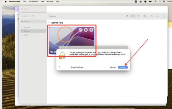 Remote Desktop certificate warning on Mac with the Continue button highlighted