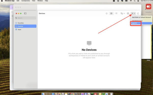 Windows App Devices panel on Mac with the Add PC option highlighted