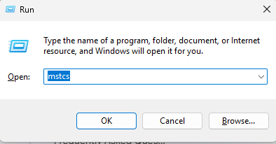 Windows Run dialog with the mstsc command entered to open Remote Desktop Connection