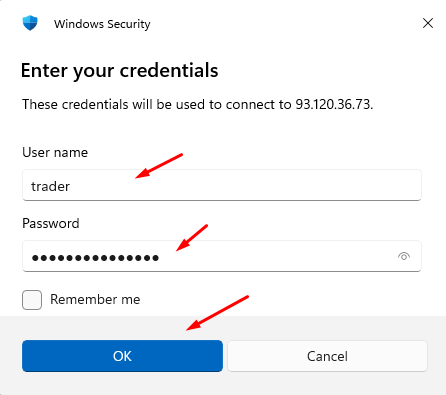 Windows Security prompt requesting the VPS username and password